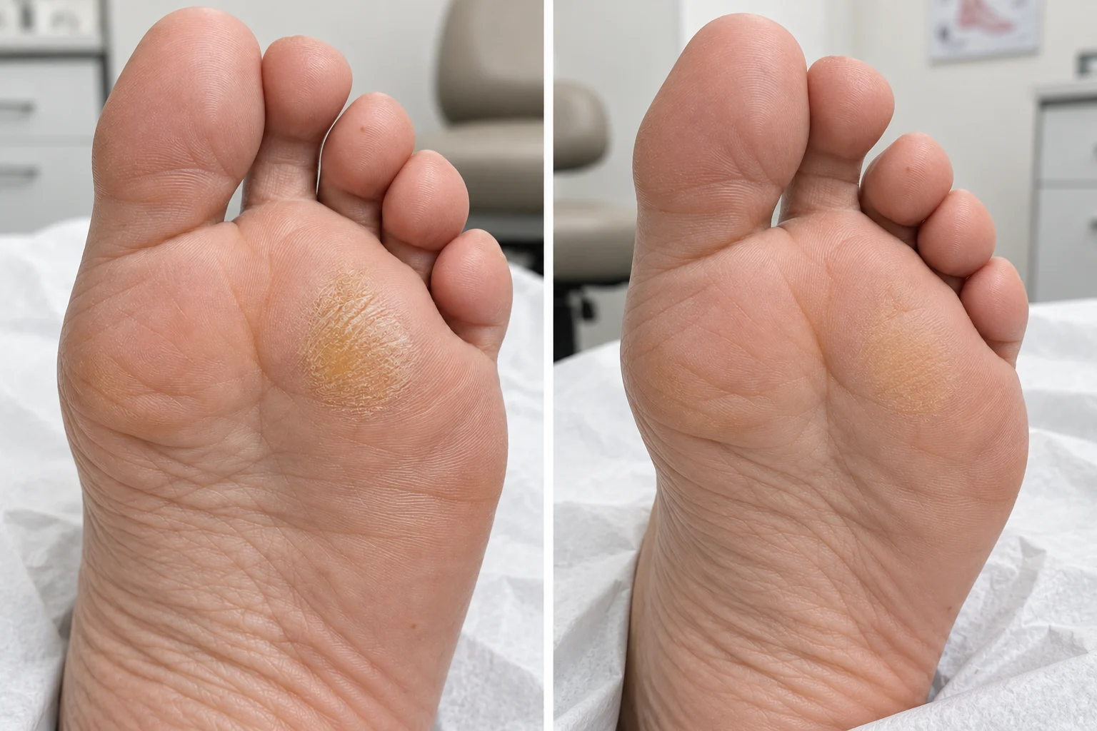 Simulação com IA: o mesmo antepé em posições diferentes, com calosidade espessa à esquerda e pele de aspecto cuidado à direita; não é resultado real da clínica.
